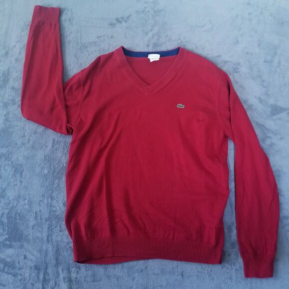 Lacoste Mens V-Neck Red Pullover Long Sleeve Sweater Size Large 5 - Picture 1 of 11